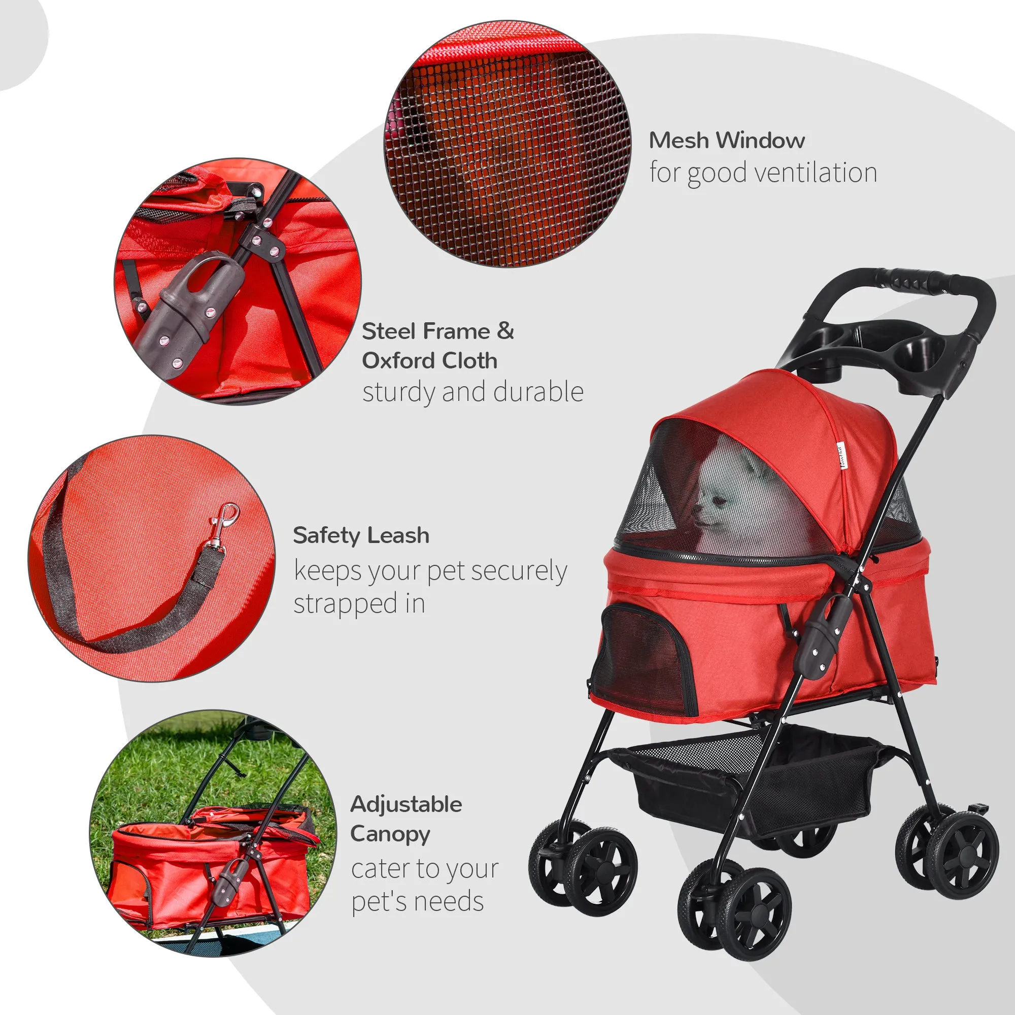 PawHut Pet Stroller Foldable Travel Carriage with Brake Basket Canopy